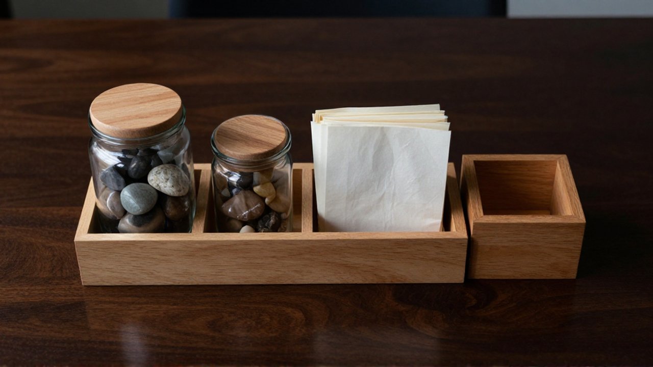 Recipientes de madera y vidrio con piedras y pergaminos sobre un escritorio oscuro.