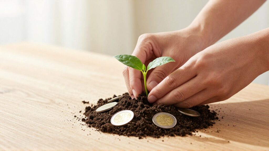 Manos que cuidan un pequeño brote verde rodeado de monedas en un montón de tierra sobre una mesa de madera.