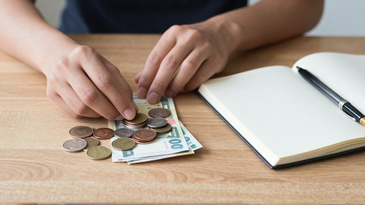 Unas manos organizan monedas de distintos tamaños y un pequeño montón de billetes sobre una mesa de madera con un cuaderno y una pluma.