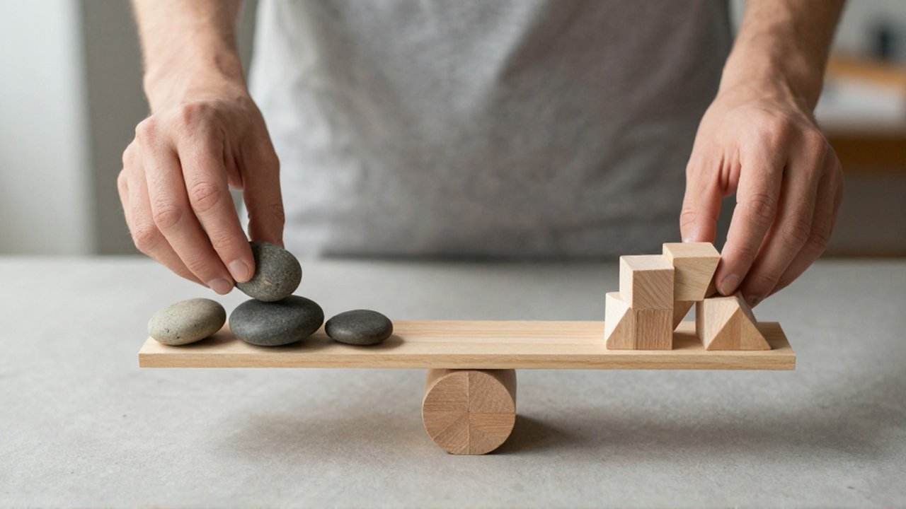 Unas manos organizan piedras de río y bloques de madera sobre un escritorio neutro.