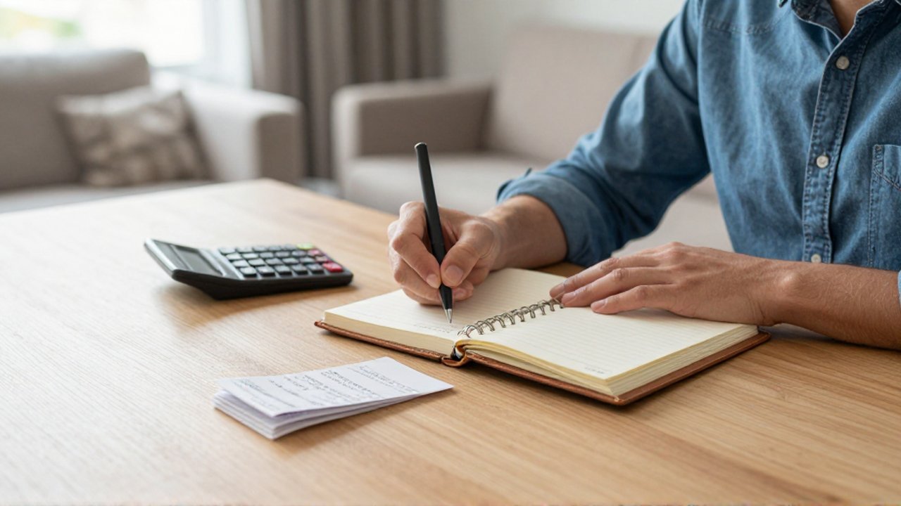 Una persona escribe cifras en un cuaderno de cuero sobre un escritorio de madera junto a una calculadora y recibos.