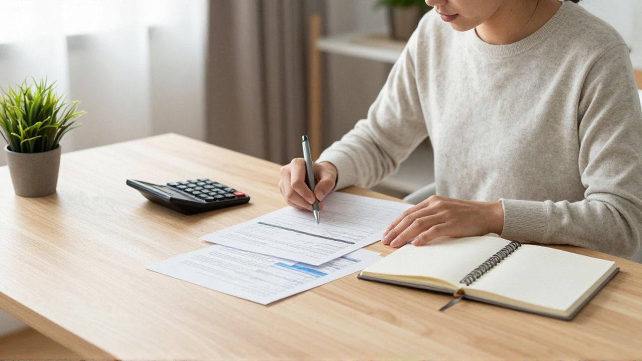 Persona sentada frente a un escritorio de madera revisando documentos financieros y usando una calculadora.