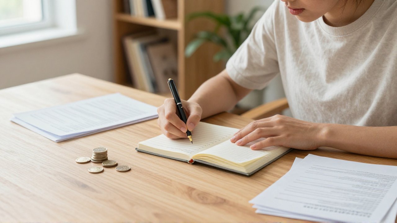 Persona sentada en un escritorio de madera escribiendo con una pluma en un libro contable entre documentos y monedas.