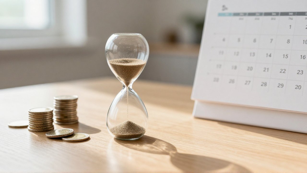 Reloj de arena con arena cayendo sobre una mesa de madera junto a monedas y un calendario.