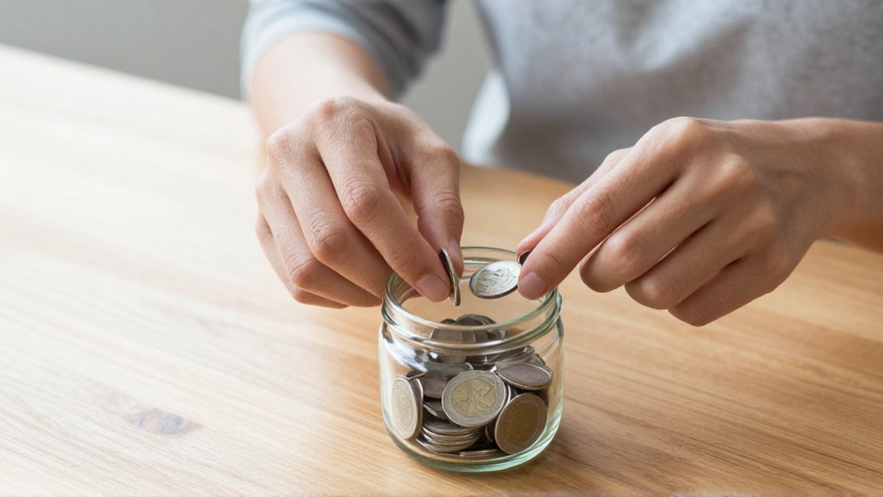 Unas manos introducen monedas de plata de diversos tamaños en un frasco de vidrio sobre una mesa de madera.