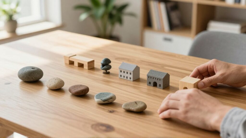 Unas manos disponen modelos arquitectónicos en miniatura