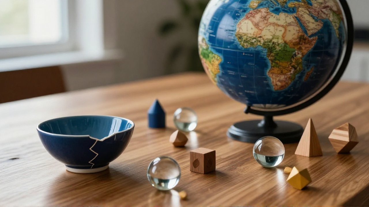 Un cuenco de cerámica agrietado frente a un modelo de globo terráqueo sobre una mesa de madera con esferas de cristal.