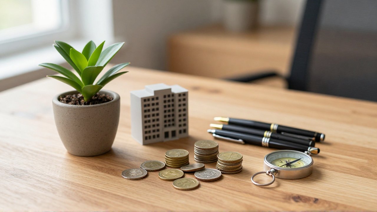 Una planta pequeña, una maqueta de edificio, plumas estilográficas, monedas apiladas y una brújula sobre una mesa de madera.
