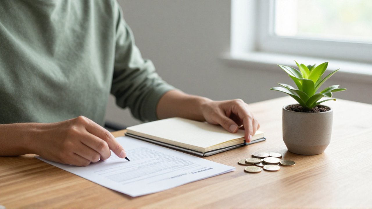 Unas manos organizan documentos, monedas y un cuaderno junto a una pequeña planta en un escritorio de madera.