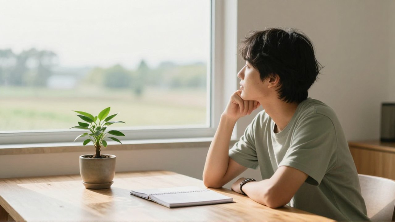 Persona sentada en una mesa de madera frente a un ventanal, junto a una pequeña planta y un cuaderno.